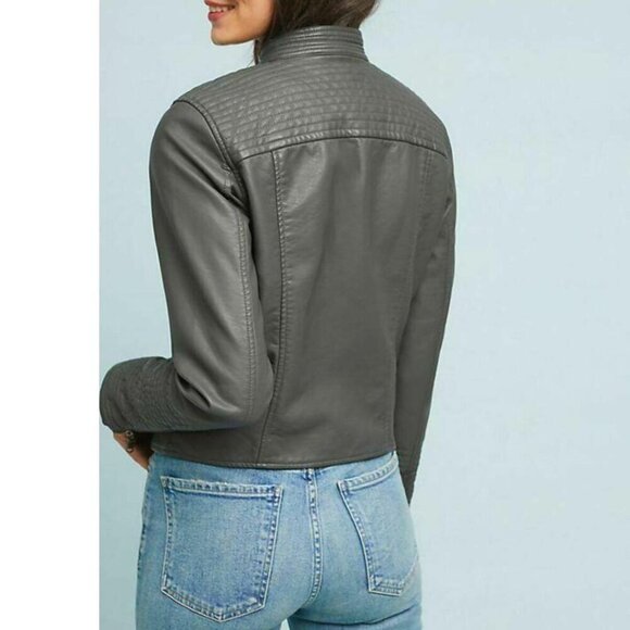 Anthropologie Jacket Moto Crop Womens Extra Small Gray Vegan Faux Leather Pocket - Picture 7 of 15